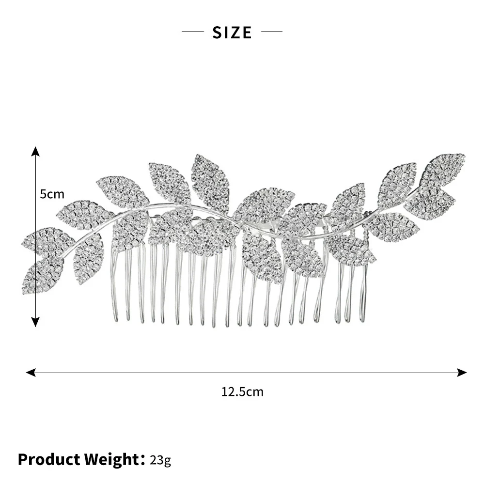 Jewelry Alloy Waveshaped Rhinestone Leaf Multitooth Bridal Hair Comb With Flower Pattern Electroplating For Women - Image 3