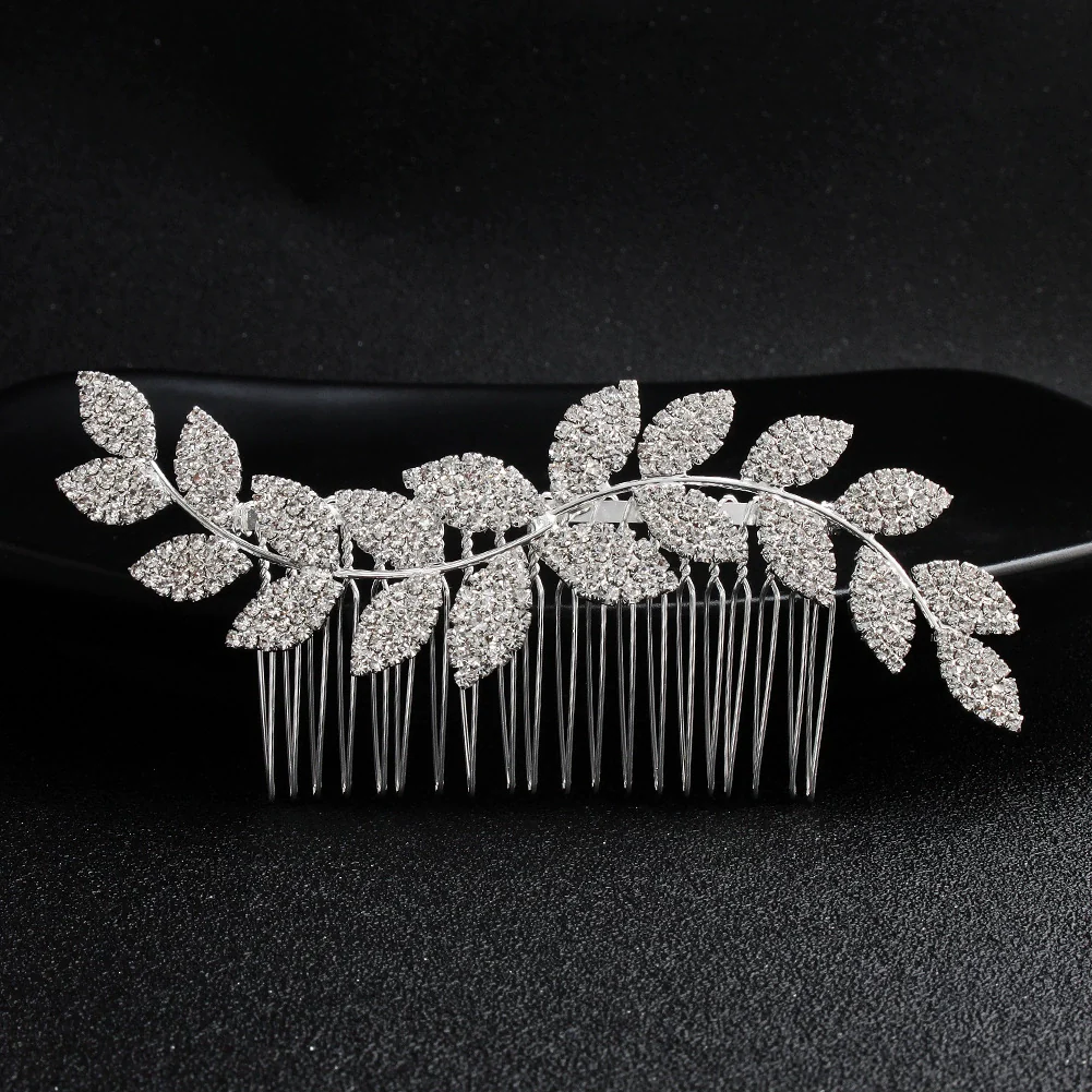 Jewelry Alloy Waveshaped Rhinestone Leaf Multitooth Bridal Hair Comb With Flower Pattern Electroplating For Women - Image 4