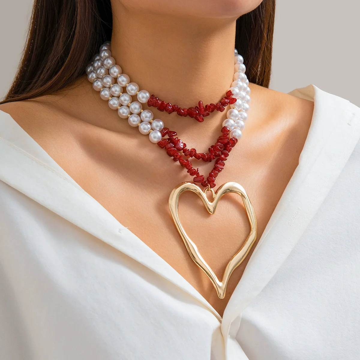 Jewelry Beaded Imitation Pearl Necklace Plastic Resin Alloy Heart Shape Electroplated For Women - Image 10