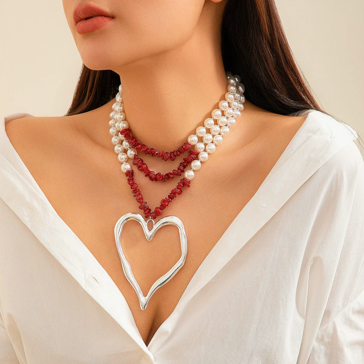 Jewelry Beaded Imitation Pearl Necklace Plastic Resin Alloy Heart Shape Electroplated For Women - Image 11