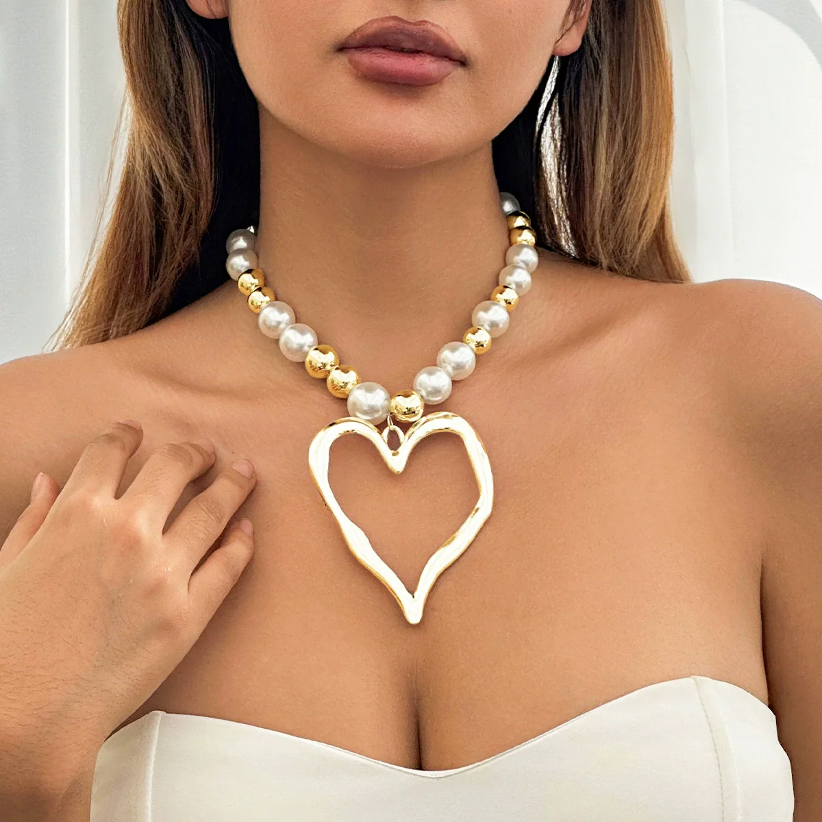 Jewelry Beaded Imitation Pearl Necklace Plastic Resin Alloy Heart Shape Electroplated For Women - Image 12