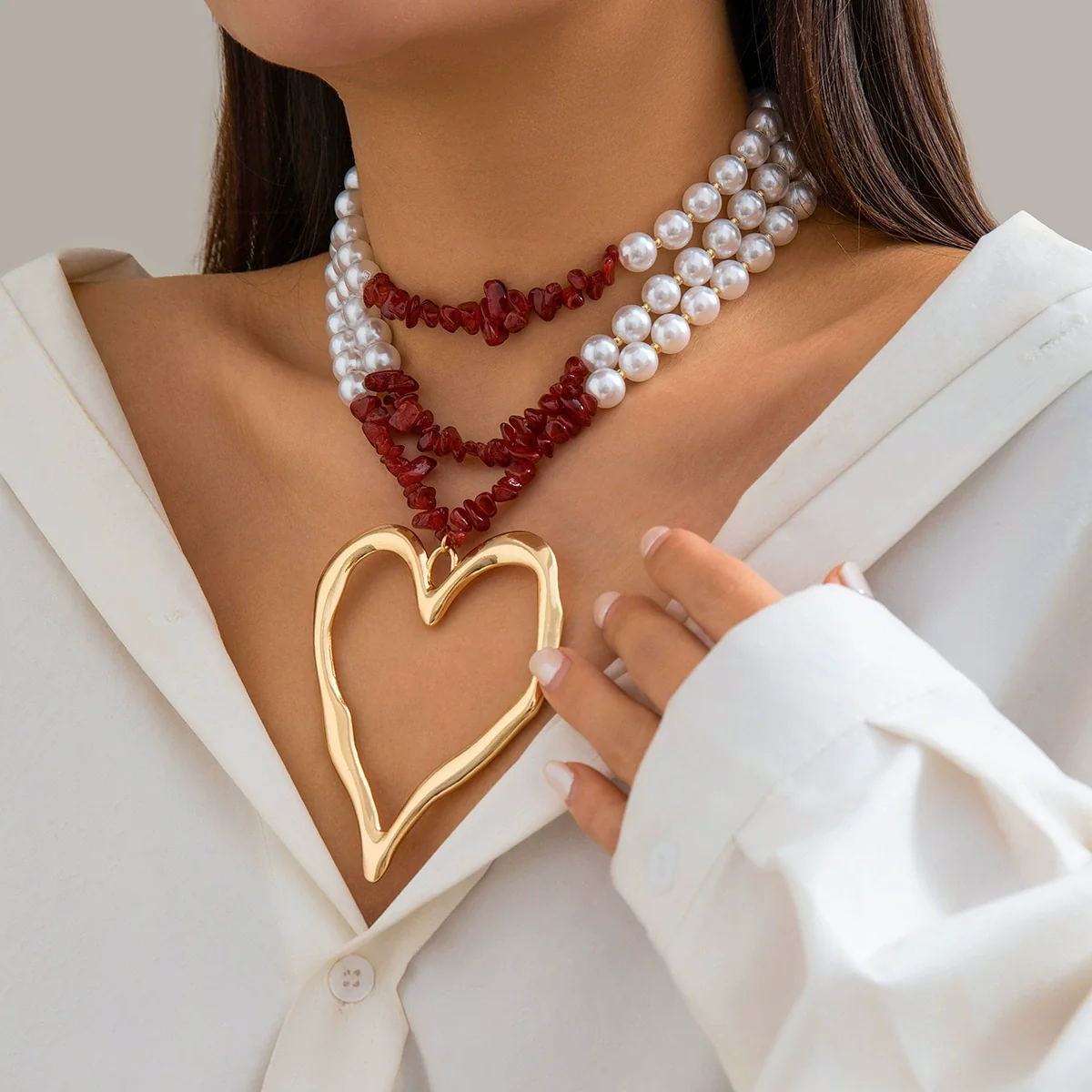 Jewelry Beaded Imitation Pearl Necklace Plastic Resin Alloy Heart Shape Electroplated For Women - Image 3