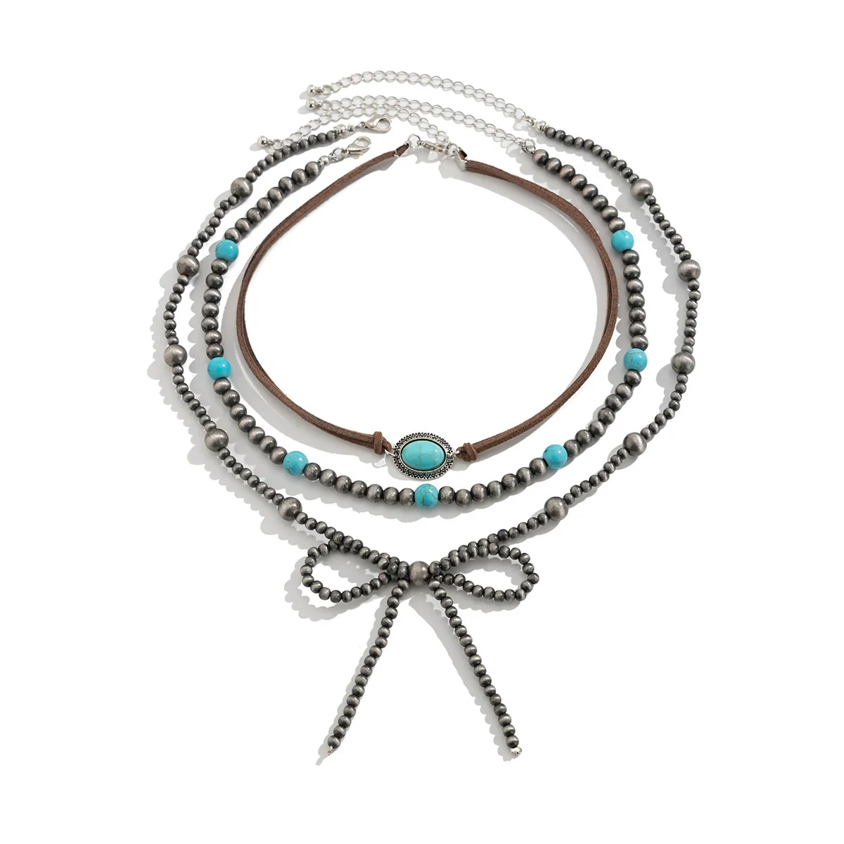 Jewelry Bohemian Bow Beaded Necklace Velvet Alloy Imitation Turquoise Electroplated - Image 5