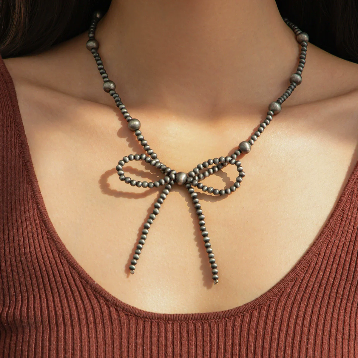 Jewelry Bohemian Bow Beaded Necklace Velvet Alloy Imitation Turquoise Electroplated - Image 6