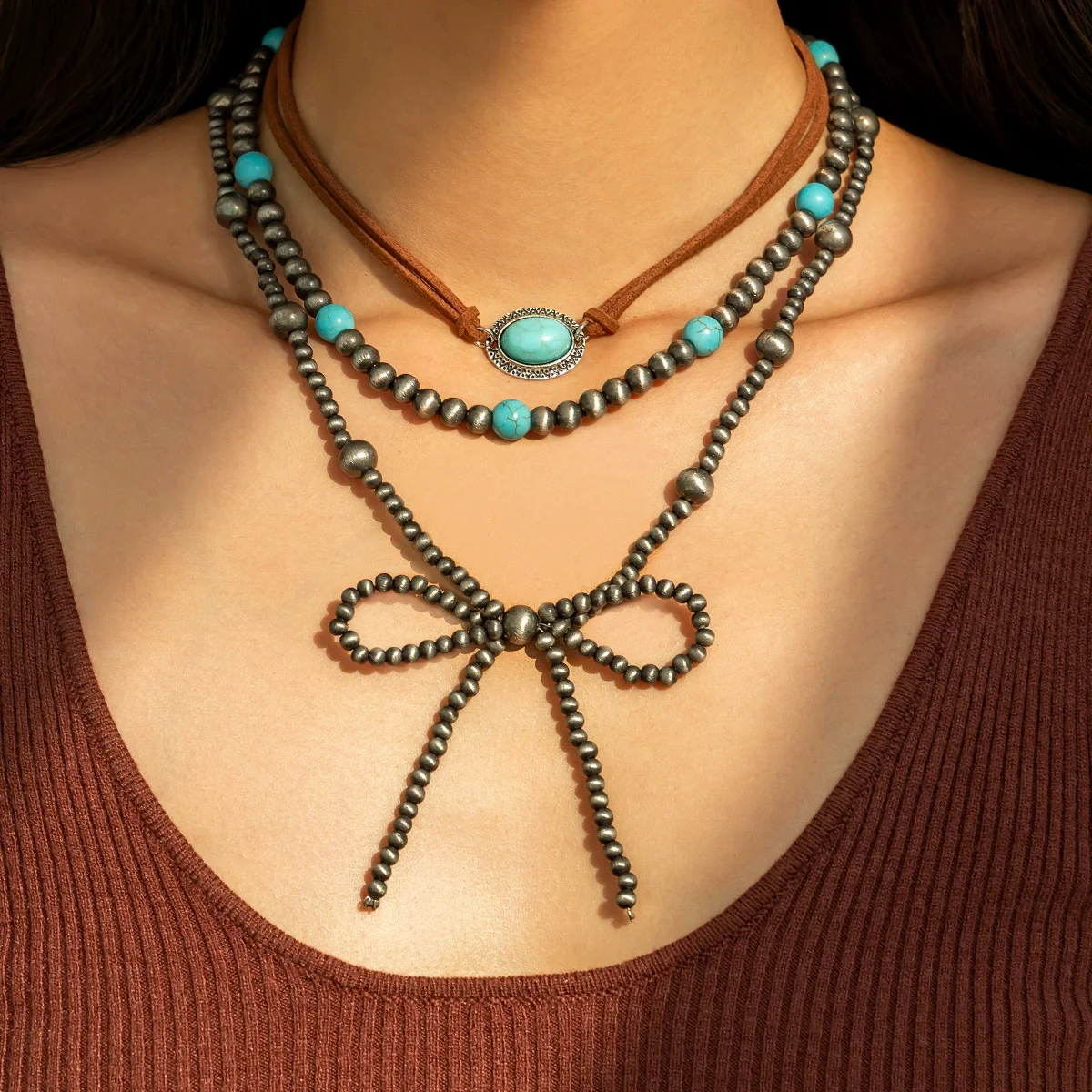 Jewelry Bohemian Bow Beaded Necklace Velvet Alloy Imitation Turquoise Electroplated - Image 7