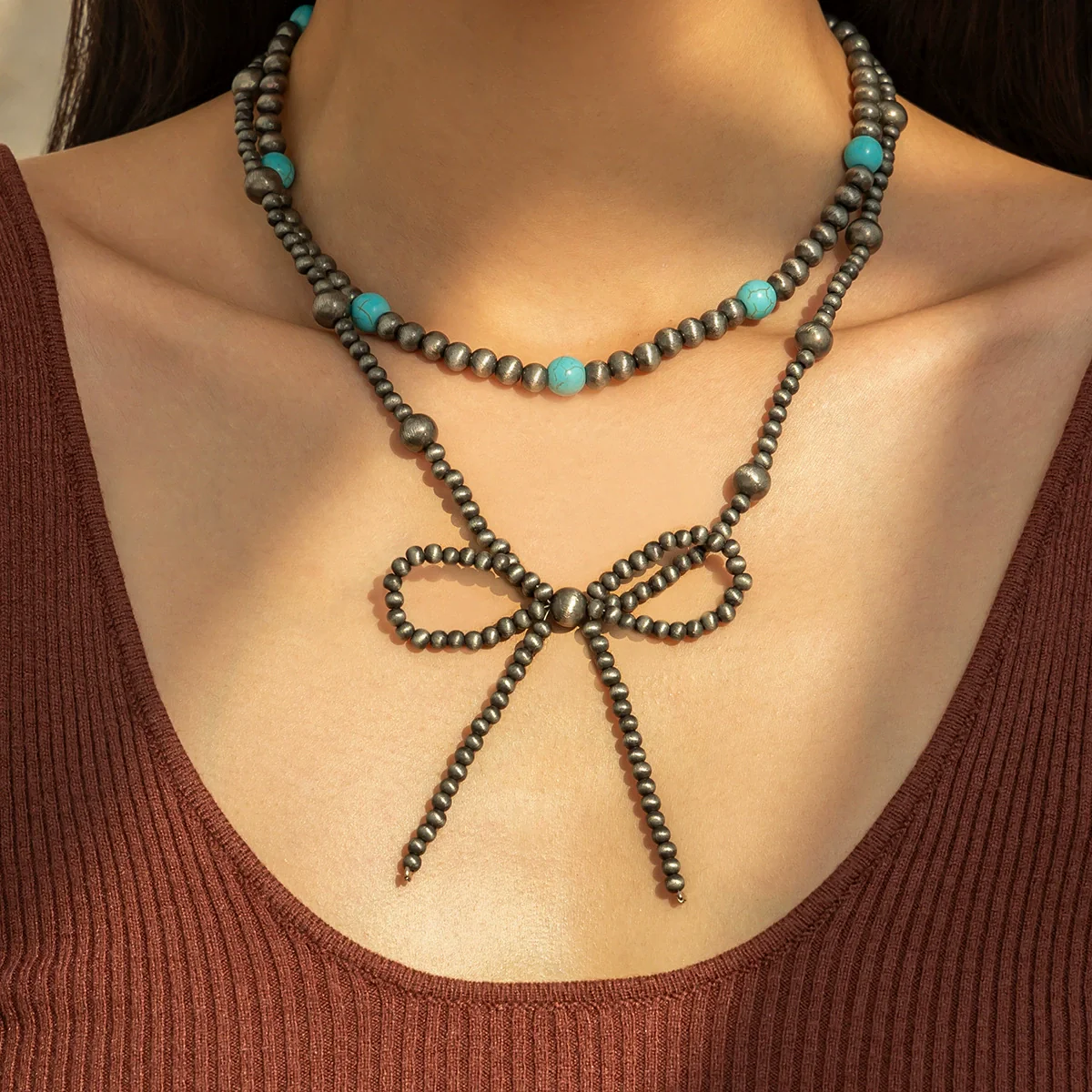 Jewelry Bohemian Bow Beaded Necklace Velvet Alloy Imitation Turquoise Electroplated - Image 8