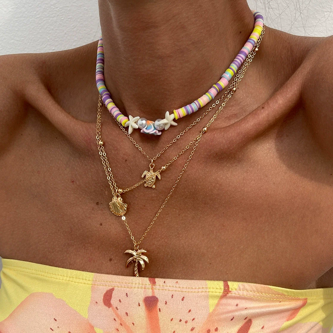 Jewelry Bohemian Colored Soft Pottery Beaded Alloy Clavicle Chain With Flower Shape And Electroplating