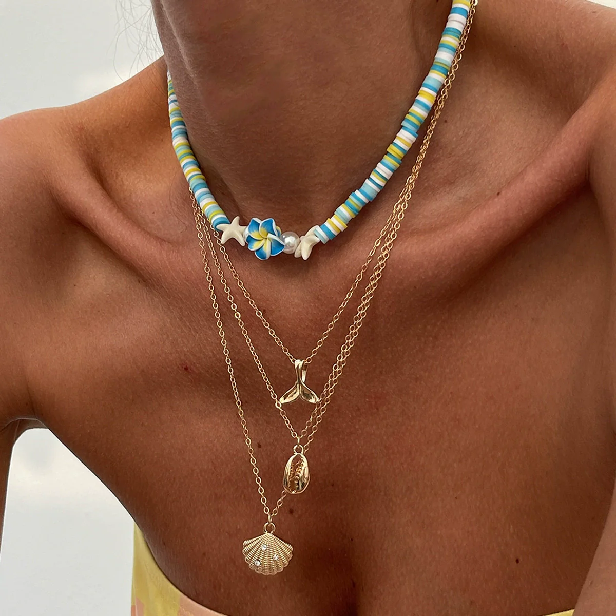 Jewelry Bohemian Colored Soft Pottery Beaded Alloy Clavicle Chain With Flower Shape And Electroplating - Image 3