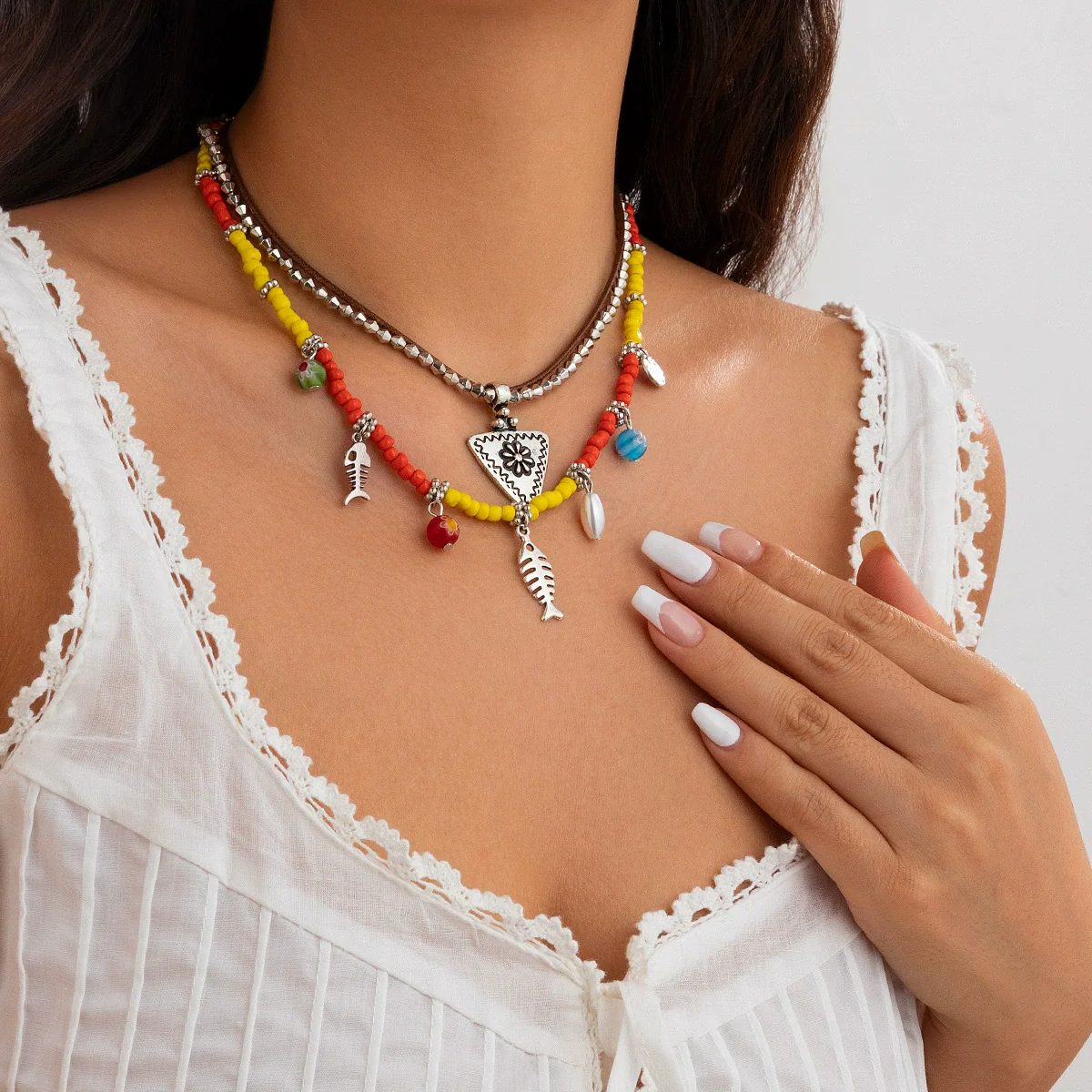 Jewelry Bohemian Geometric Multilayer Necklace With Alloy Pendant Rice Beads Ccb Leather Wax Thread Electroplated - Image 3