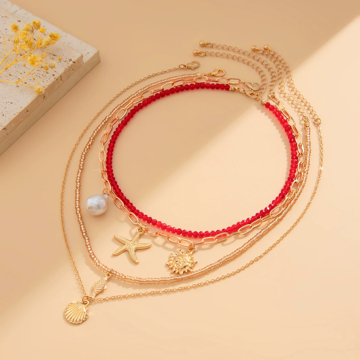 Jewelry Bohemian Geometric Multilayer Necklace With Alloy Pendant Rice Beads Ccb Leather Wax Thread Electroplated - Image 4