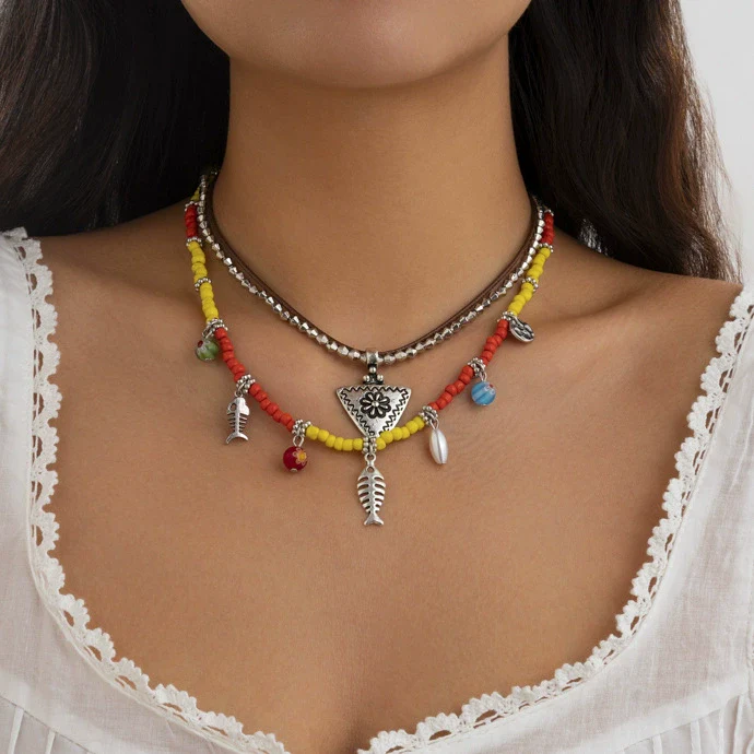 Jewelry Bohemian Geometric Multilayer Necklace With Alloy Pendant Rice Beads Ccb Leather Wax Thread Electroplated - Image 6