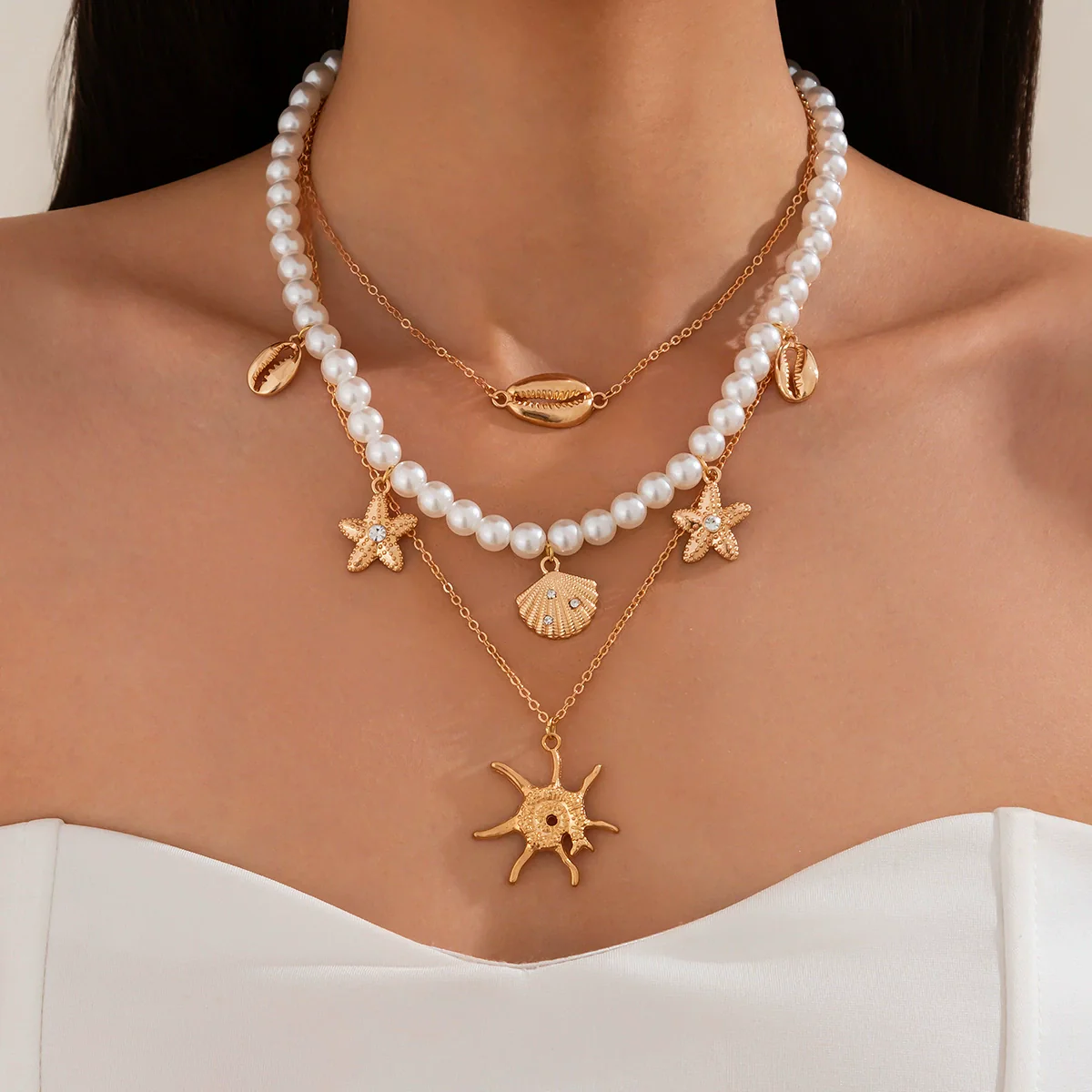 Jewelry Bohemian Imitation Pearl Copperclad Iron Chain Alloy Star Geometric Electroplated Pendant Necklace - Image 6