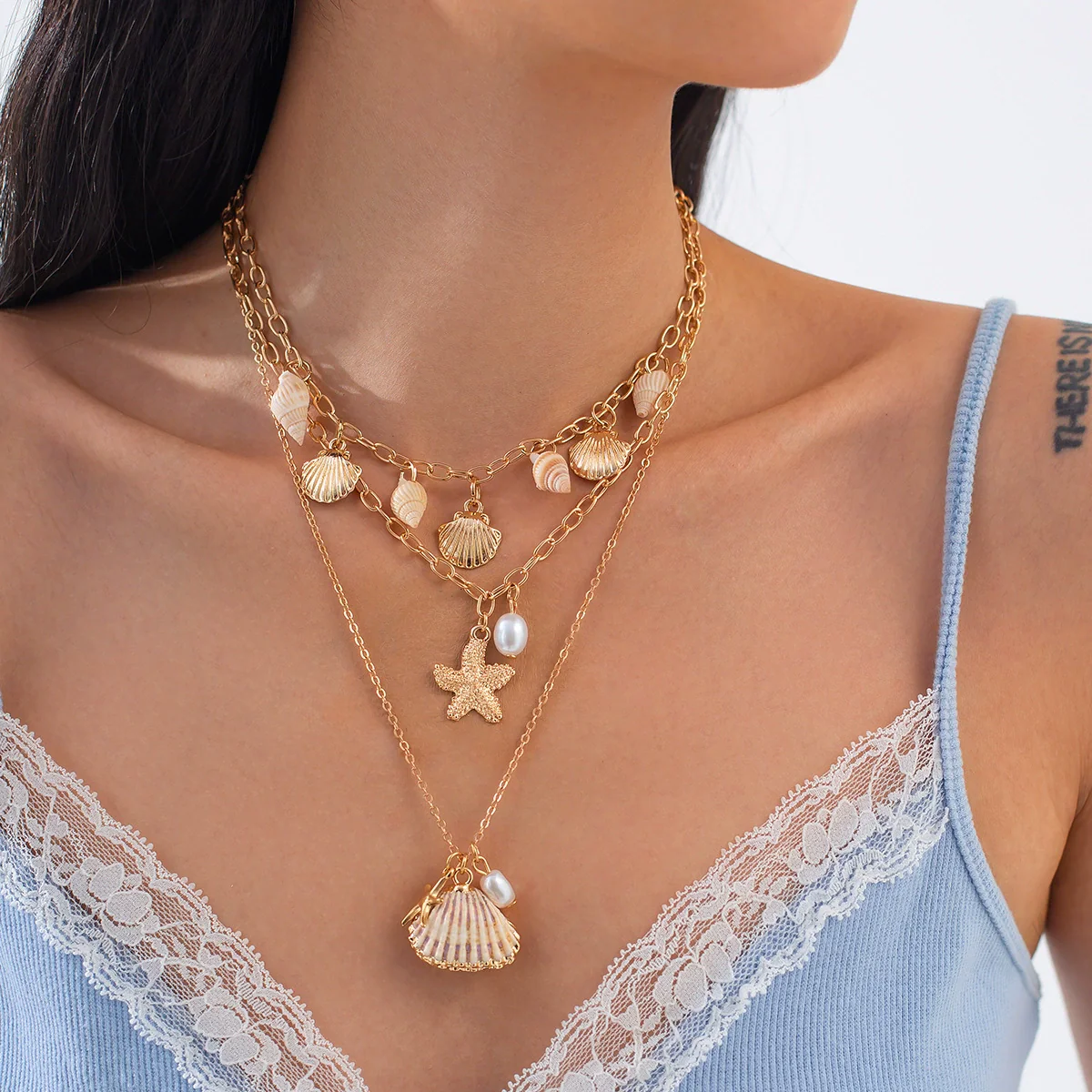 Jewelry Bohemian Shell Starfish Pendant Necklace Alloy Pearl Clavicle Chain Geometric Electroplating - Image 2