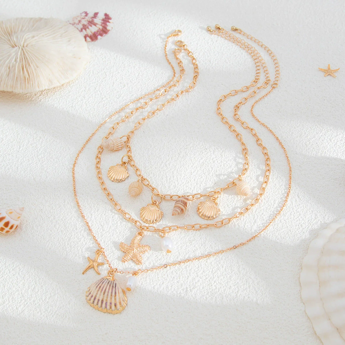 Jewelry Bohemian Shell Starfish Pendant Necklace Alloy Pearl Clavicle Chain Geometric Electroplating - Image 4