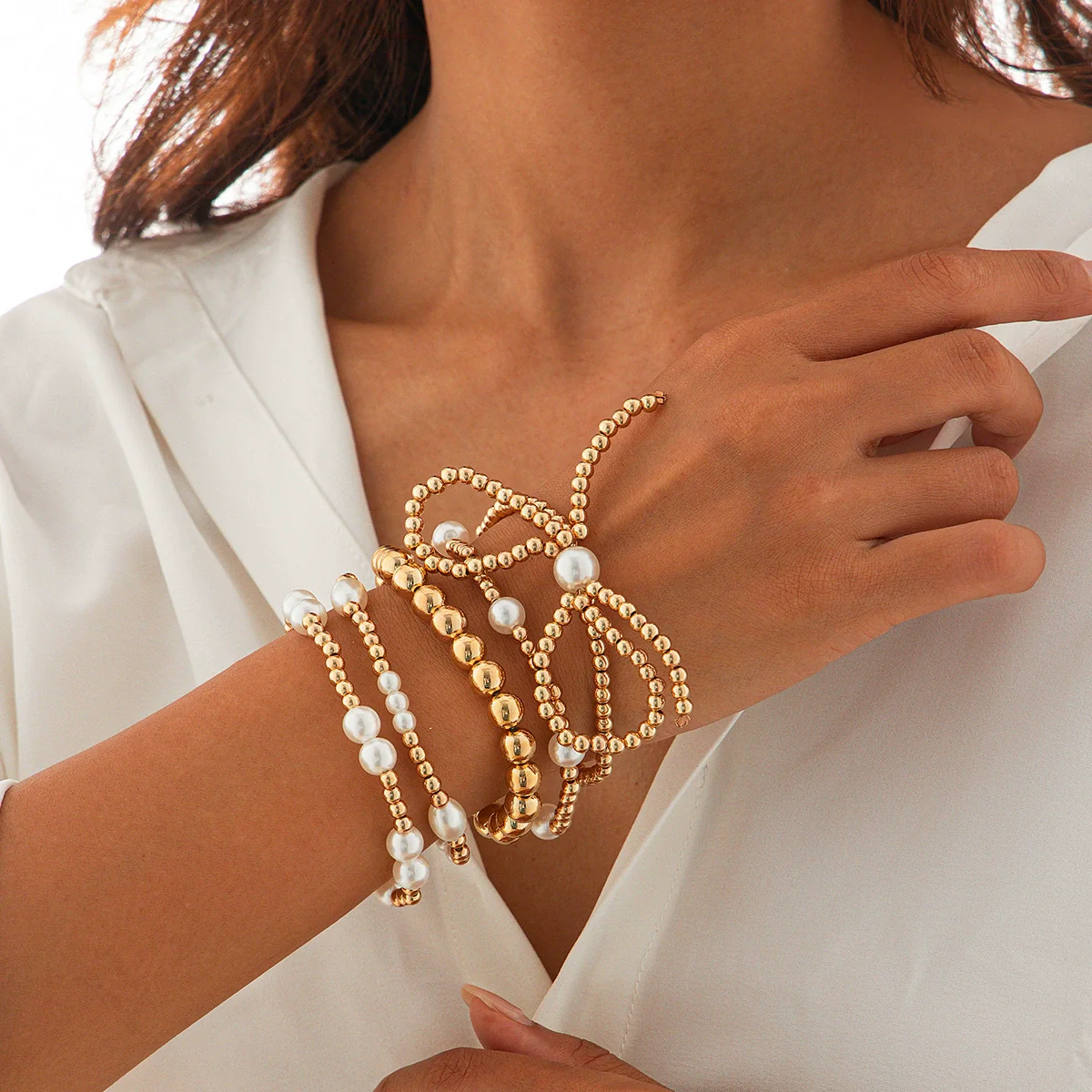 Jewelry Bow Beaded Multilayer Bracelet Imitation Pearl Ccb Electroplated For Women