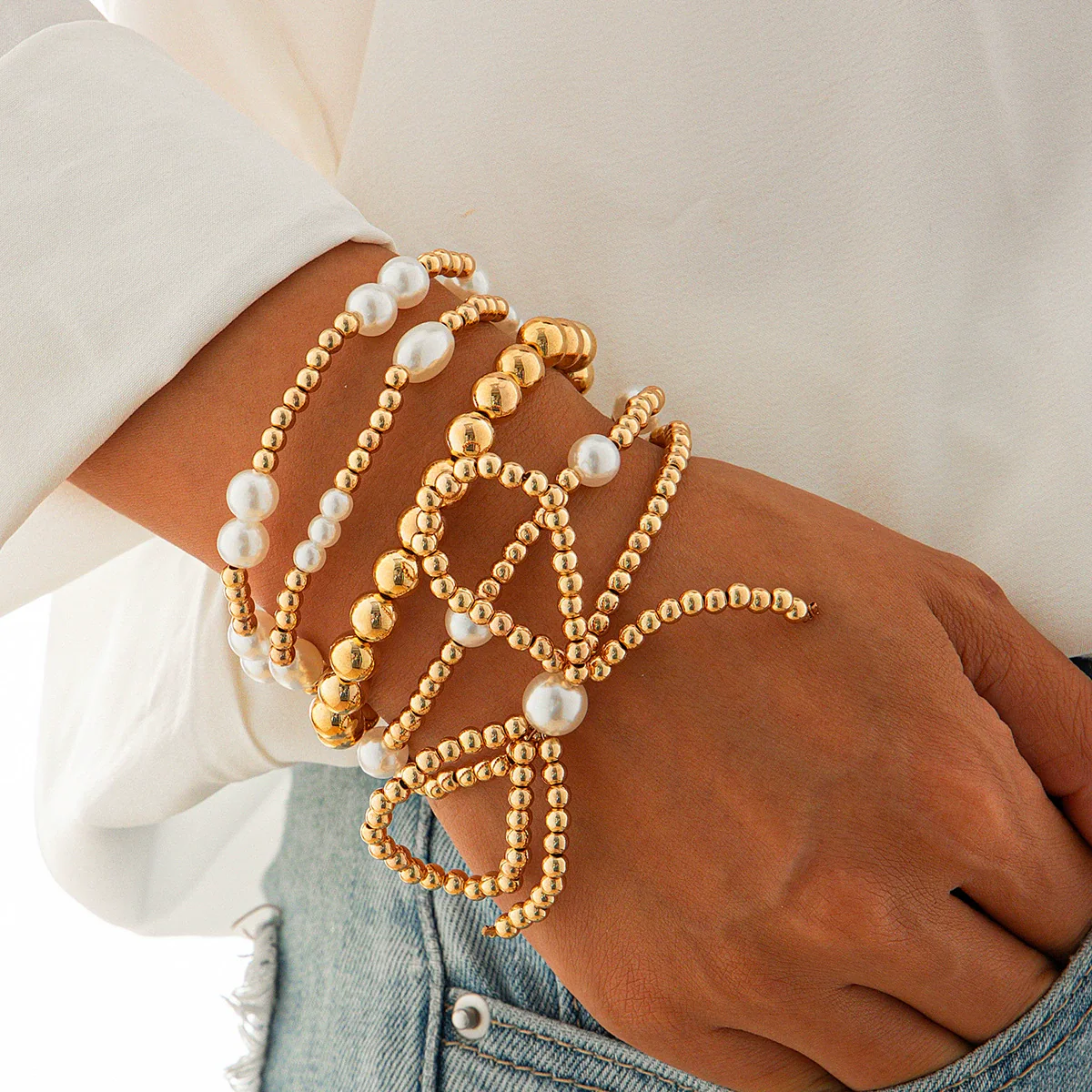 Jewelry Bow Beaded Multilayer Bracelet Imitation Pearl Ccb Electroplated For Women - Image 6