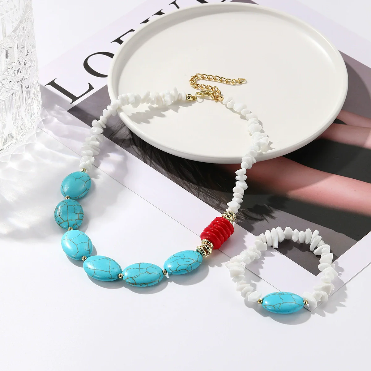 Jewelry Bracelet And Necklace Mixed Material Ball Chain Ushape Geometric Electroplating For Women - Image 3