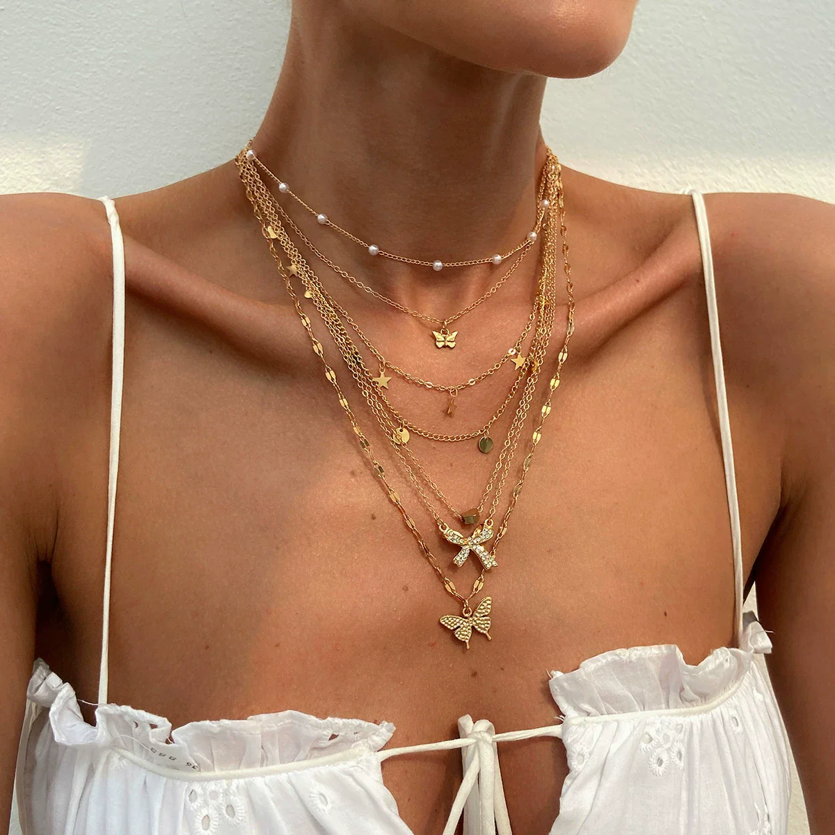 Jewelry Butterfly Alloy Pendant Clavicle Chain Simple Geometric Style Copperclad Iron Chain Imitation Pearl Rhinestone Electroplated - Image 2