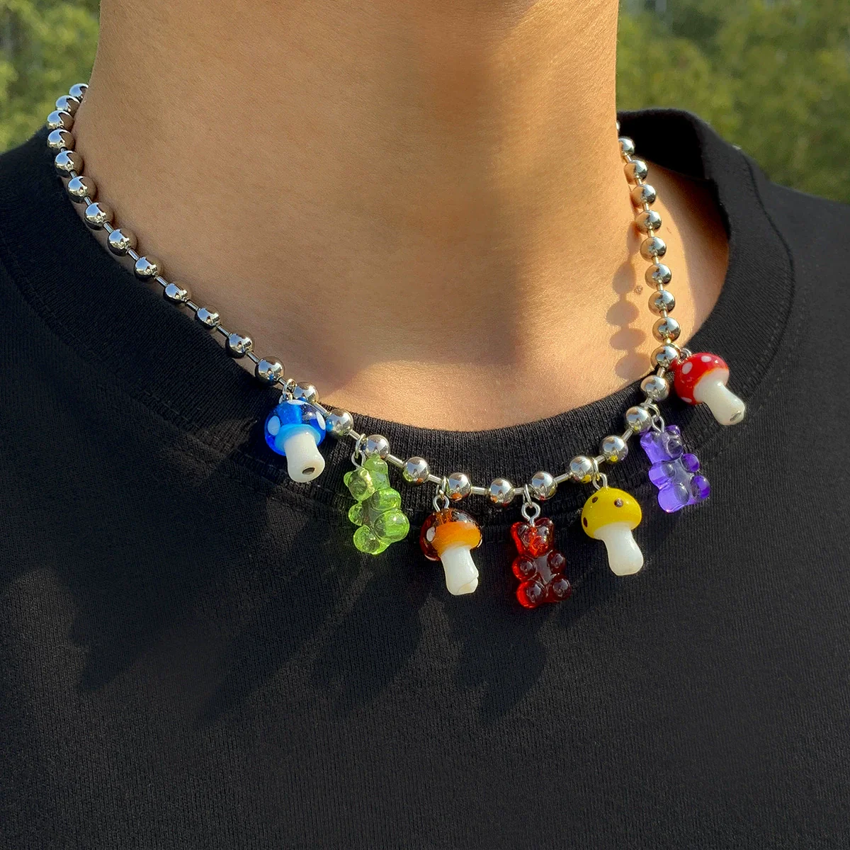 Jewelry Cartoon Men's Acrylic Bear Mushroom Pendant Necklace Ball Chain - Image 3