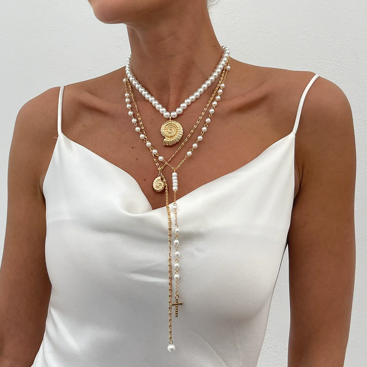 Jewelry Conch Cross Pendant Necklace Pearl Beaded Alloy Iron Chain Geometric Style Women's