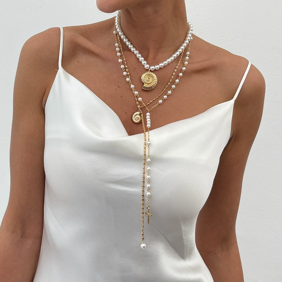 Jewelry Conch Cross Pendant Necklace Pearl Beaded Alloy Iron Chain Geometric Style Women's - Image 2