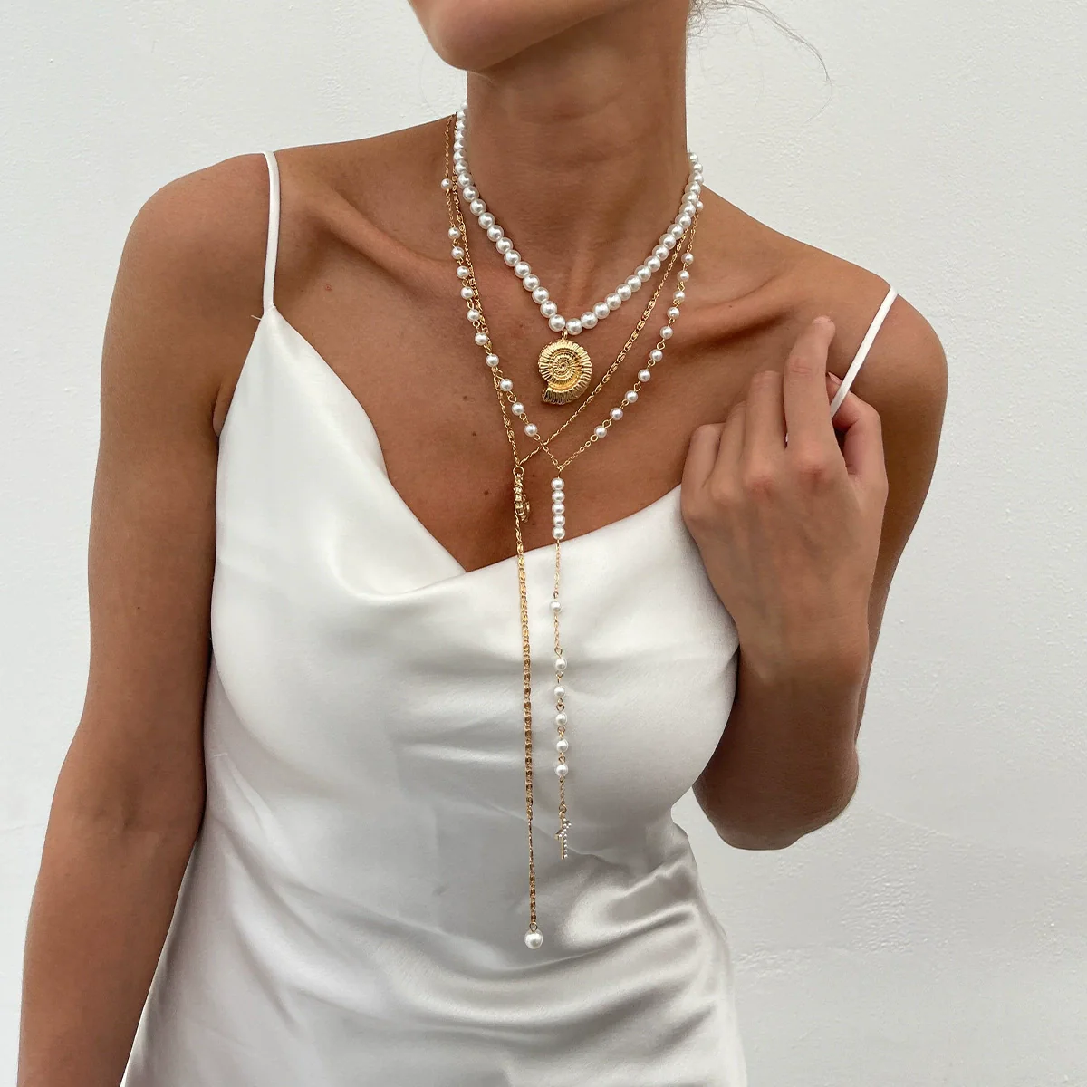 Jewelry Conch Cross Pendant Necklace Pearl Beaded Alloy Iron Chain Geometric Style Women's - Image 3