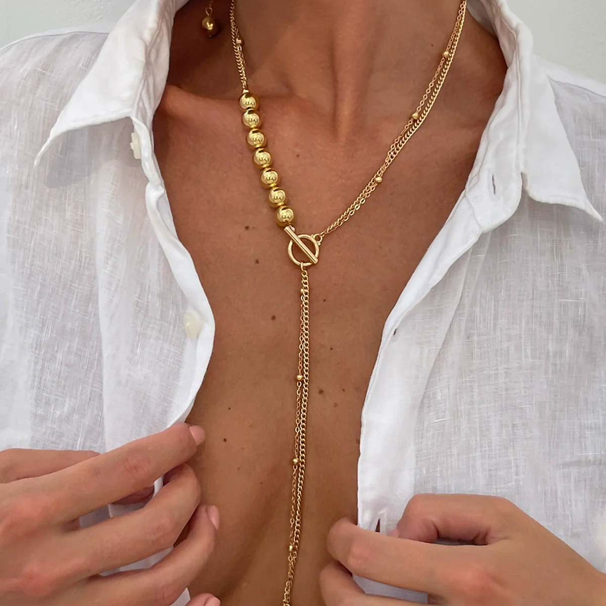 Jewelry Copper Alloy Geometric Style Electroplated Bead Chain Earrings Necklace For Women - Image 2