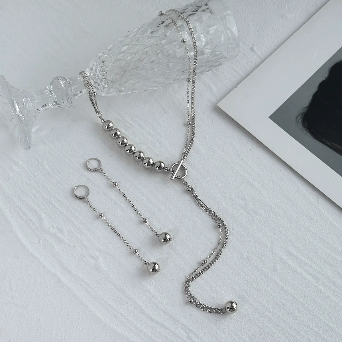 Jewelry Copper Alloy Geometric Style Electroplated Bead Chain Earrings Necklace For Women - Image 4
