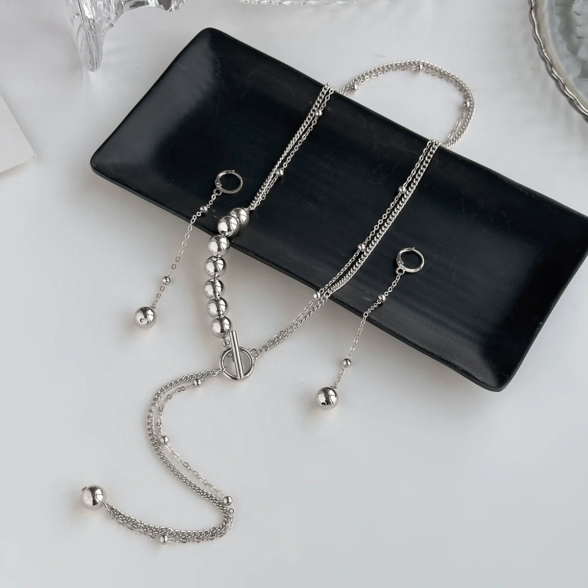 Jewelry Copper Alloy Geometric Style Electroplated Bead Chain Earrings Necklace For Women - Image 7