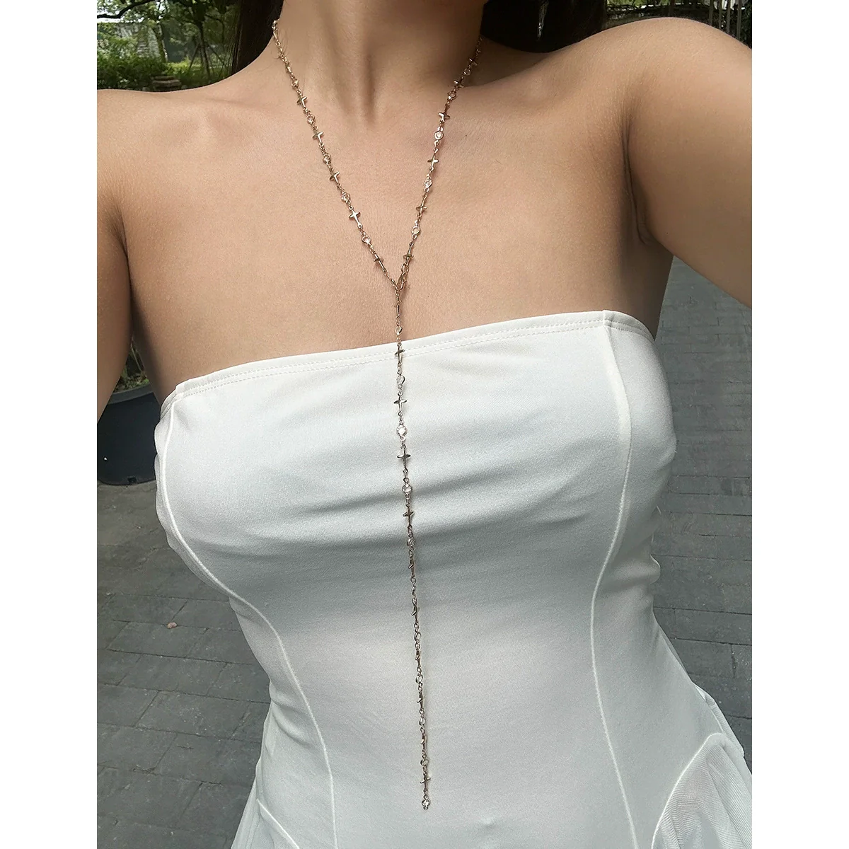 Jewelry Copper Geometric Daisy Yshaped Clavicle Chain Necklace With Electroplating And Artificial Crystal Pendant - Image 6