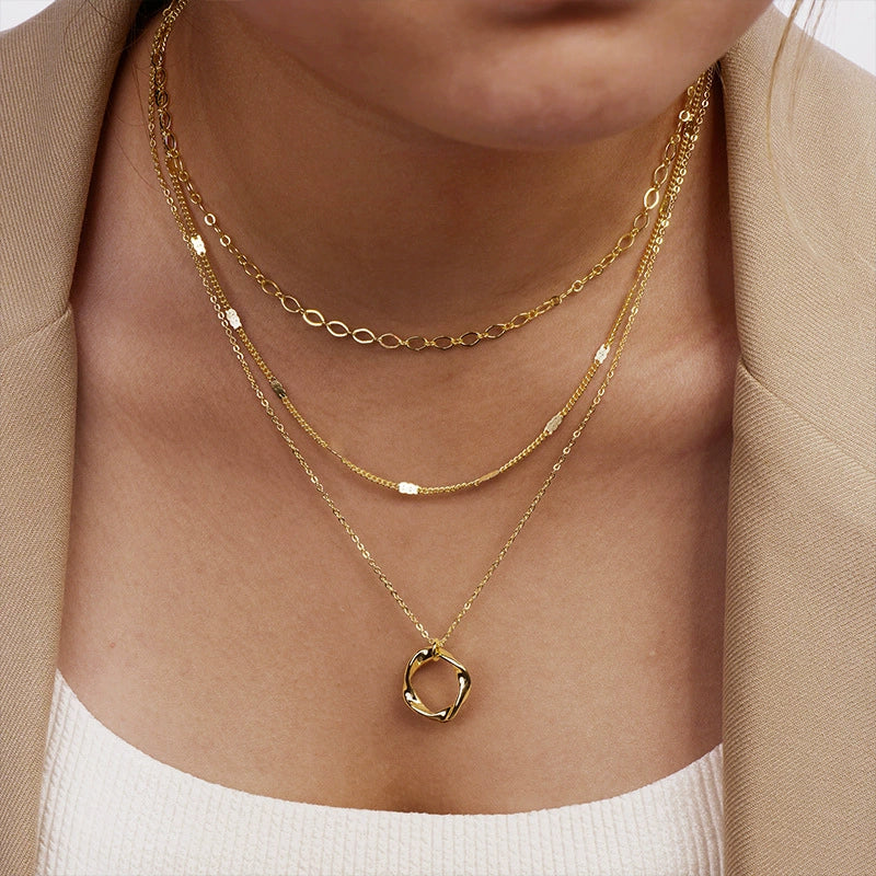 Jewelry Copper Gold Plated Geometric Threelayer Stacked Lava Ring Pendant Necklace For Women - Image 3