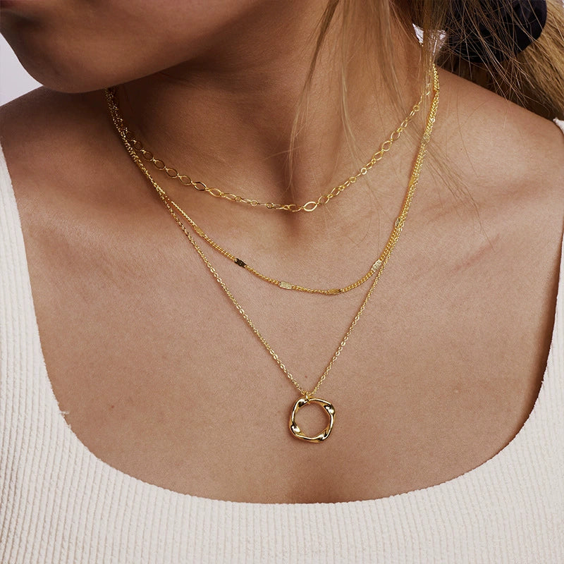 Jewelry Copper Gold Plated Geometric Threelayer Stacked Lava Ring Pendant Necklace For Women - Image 4