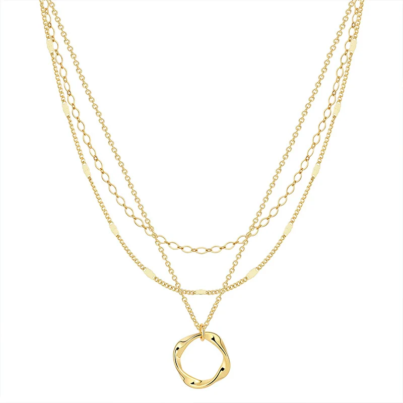 Jewelry Copper Gold Plated Geometric Threelayer Stacked Lava Ring Pendant Necklace For Women - Image 5