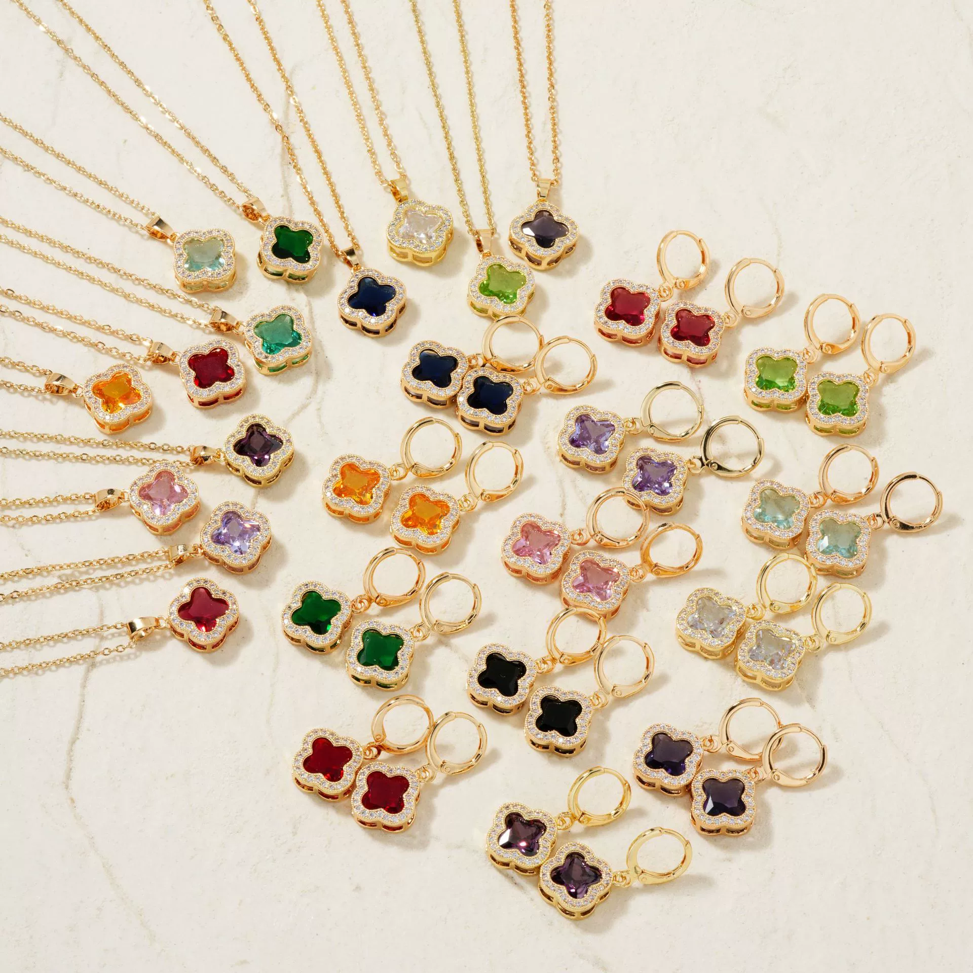 Jewelry Copper Ochain Set With Natural Plant Flowers Pattern And Zircon Inlay