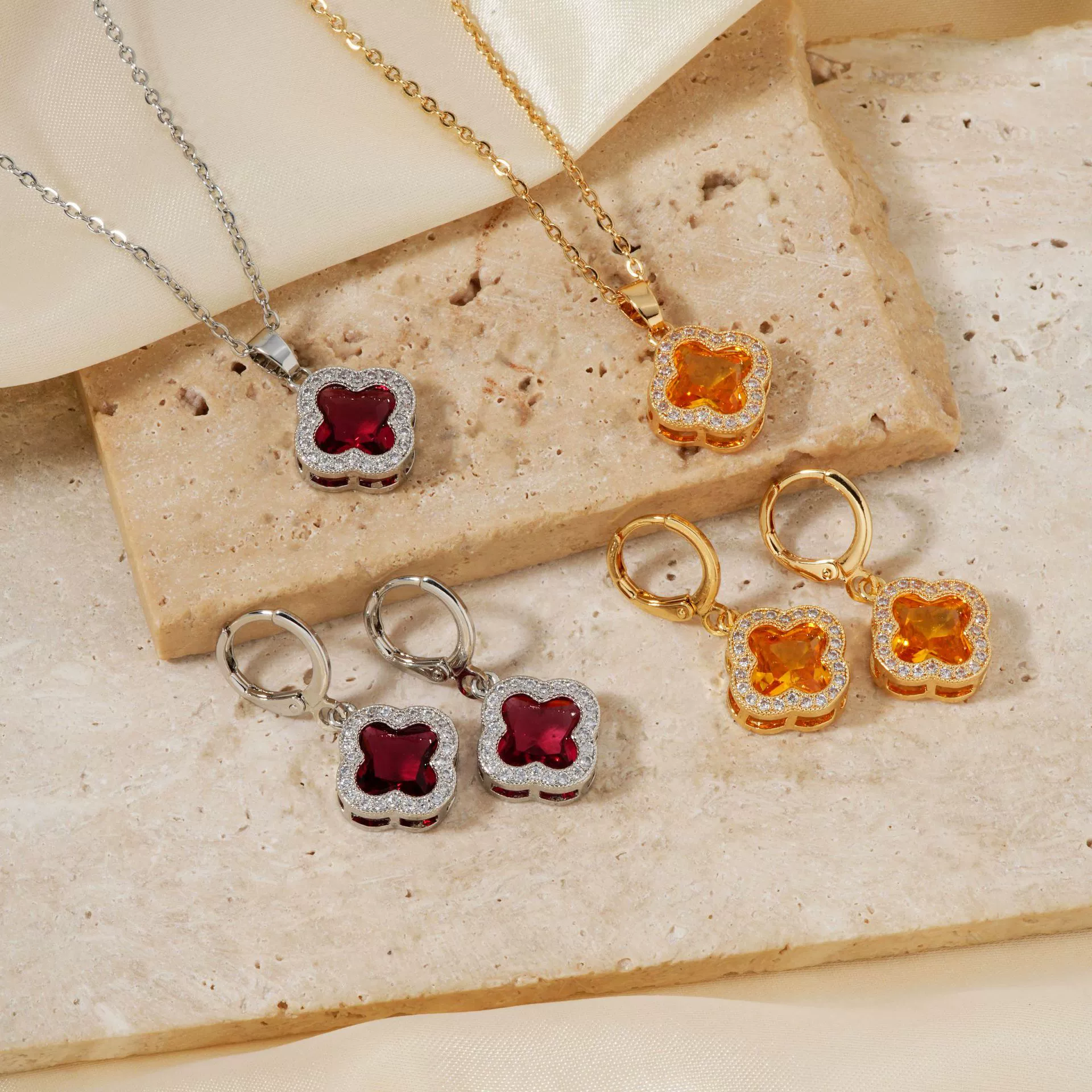 Jewelry Copper Ochain Set With Natural Plant Flowers Pattern And Zircon Inlay - Image 3