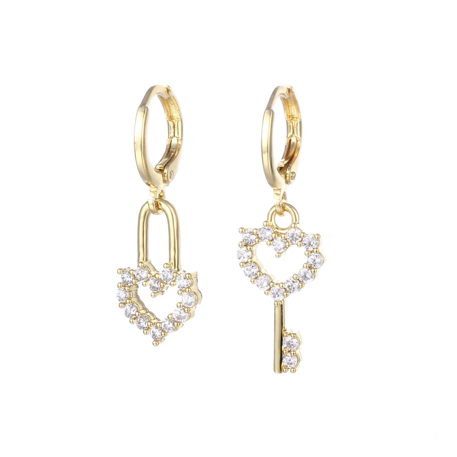 Jewelry Copper Peach Heart Lock Asymmetrical Earrings With Zircon And Geometric Design For Women