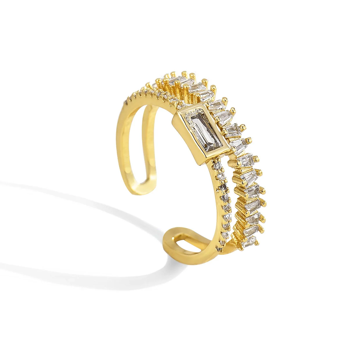 Jewelry Copper Plated 18K Gold Irregular Double Ladder Square Zirconium Geometric Open Ring Women's - Image 5