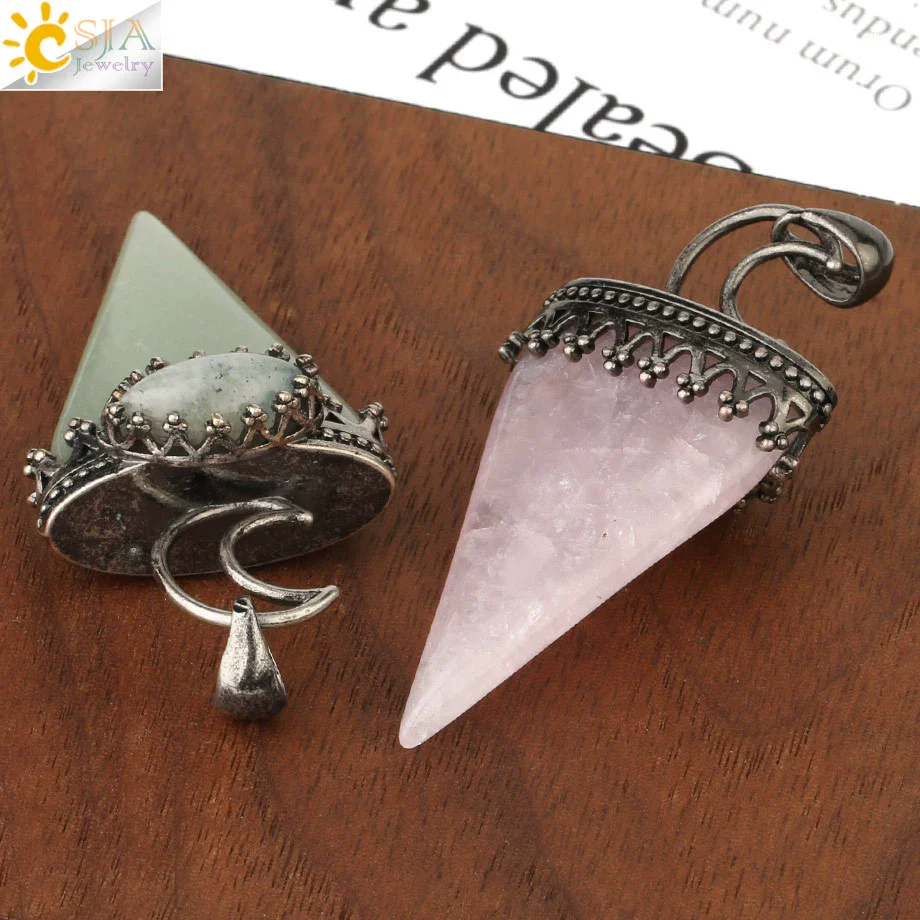 Jewelry Crystal Natural Stone Minimalist Geometric Tapered Pointed Bronze Plated Pendant Necklace With Leather Rope - Image 3