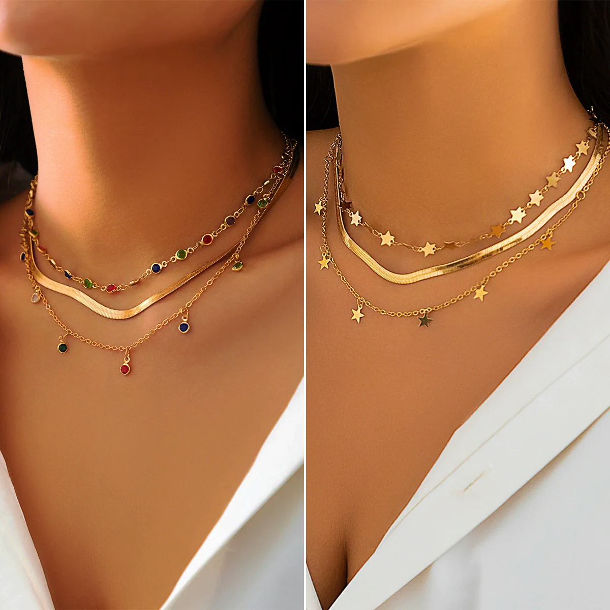 Jewelry Crystal Star Choker Necklace Metal Snake Bone Chain Geometric Electroplating Style
