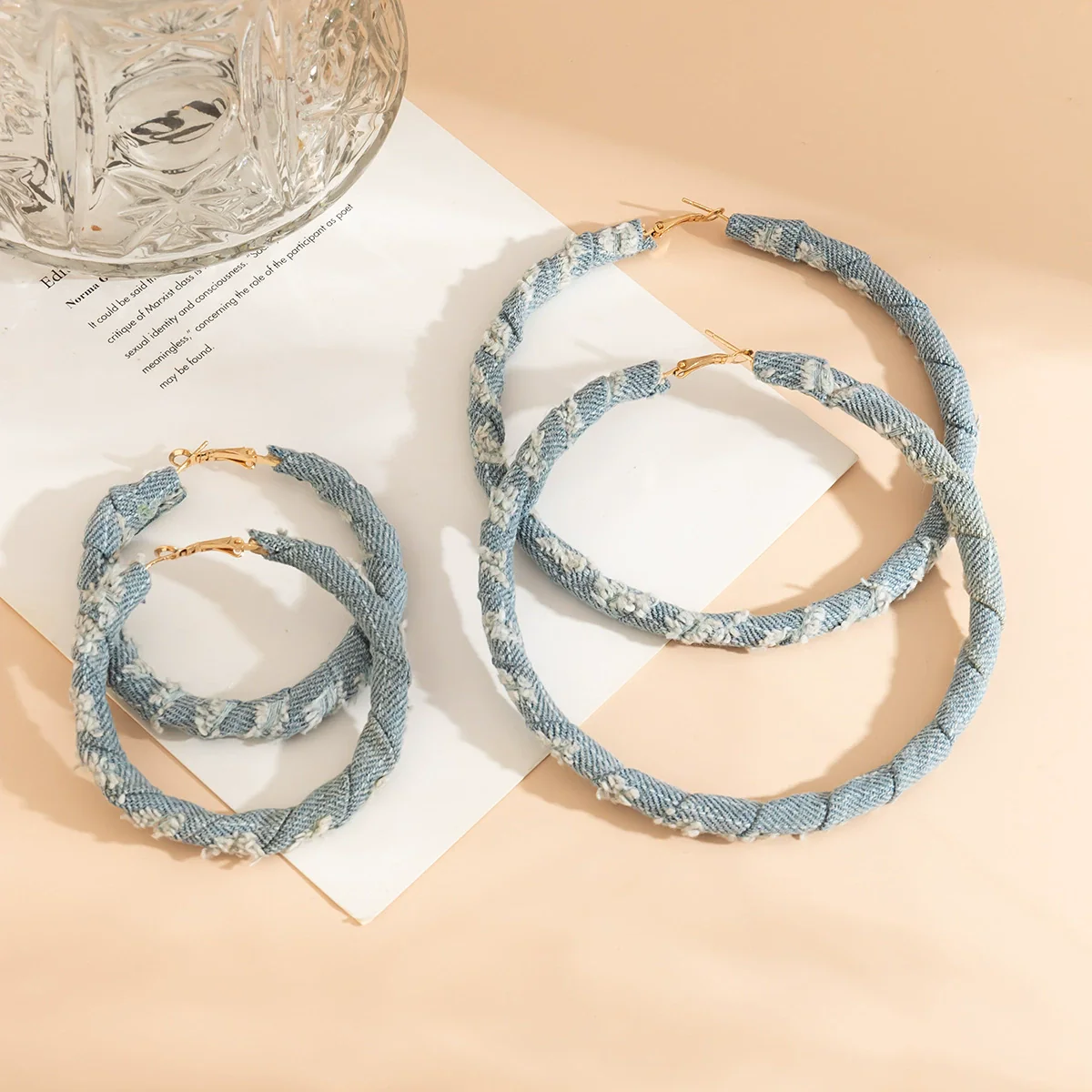 Jewelry Denim Printed Cloth Metal Pure Handmade Geometric Hoop Earrings For Women - Image 3