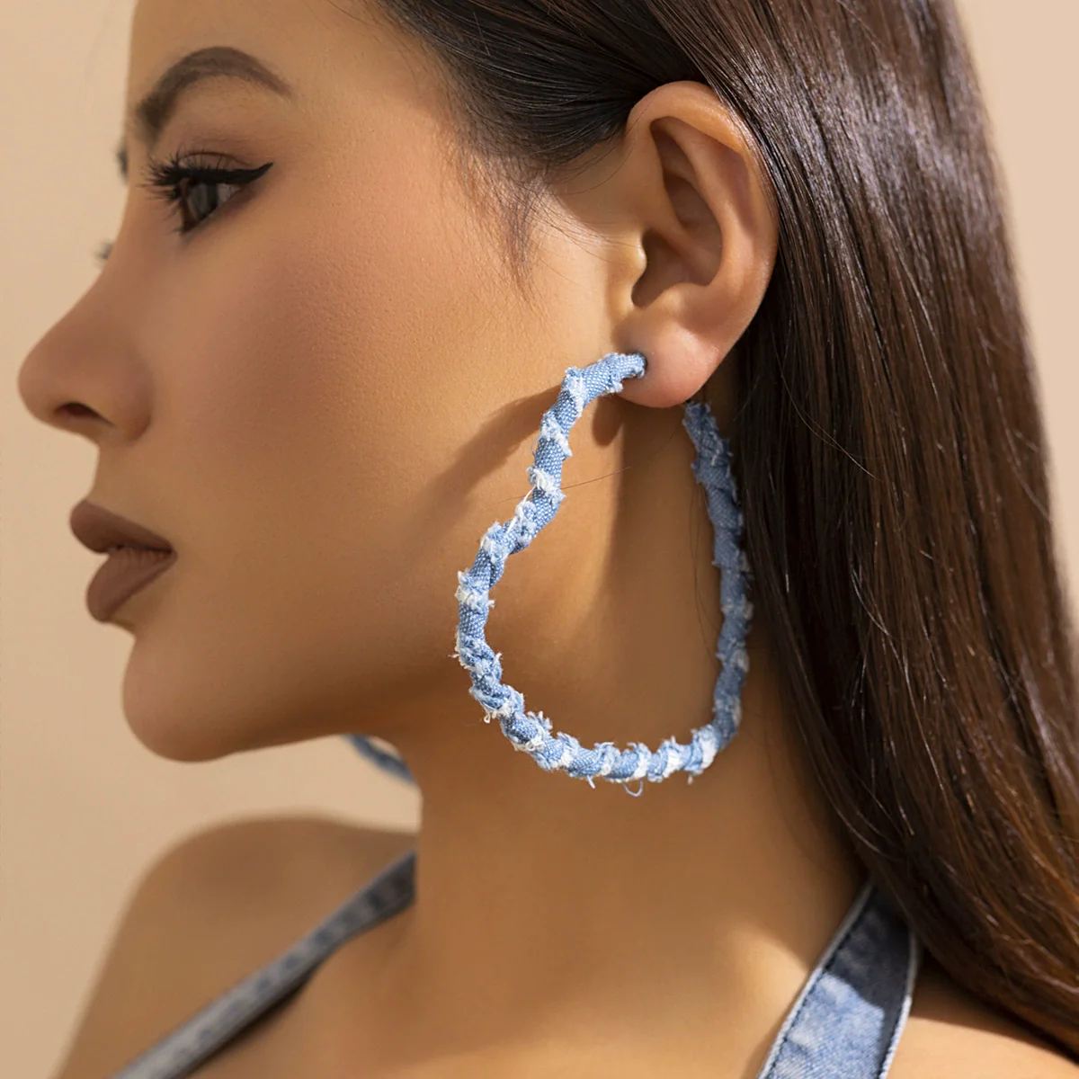 Jewelry Denim Printed Cloth Metal Pure Handmade Geometric Hoop Earrings For Women - Image 8