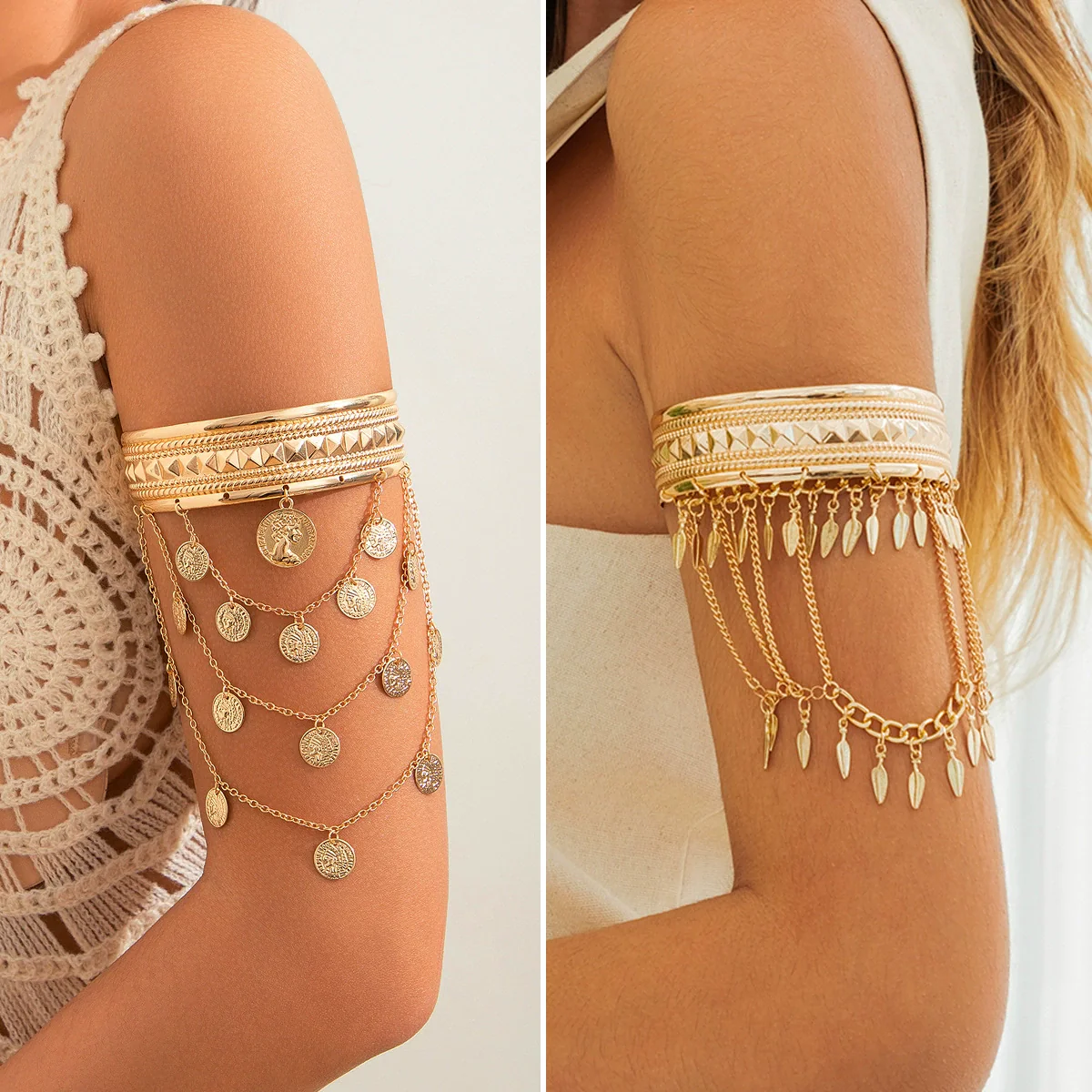 Jewelry Denim Style Metal Coin Tassel Arm Chain Dunhuang Leaf Retro Bracelet Ironaluminum Chain Alloy Electroplated