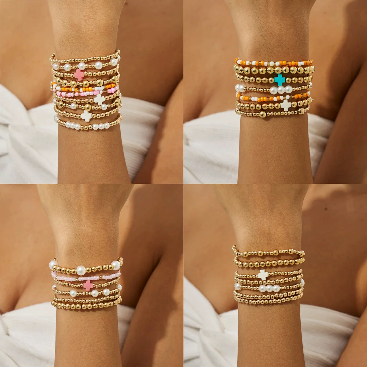 Jewelry Dopamine Colorful Cross Shell Pendant Elastic Bracelet Ccb Material Geometric Animal Zodiac Electroplating Style For Women