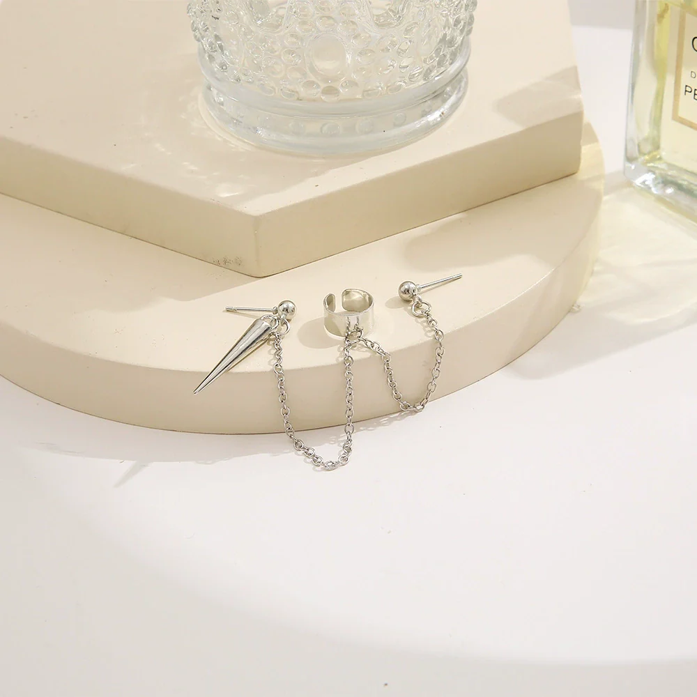 Jewelry Earrings Alloy Silver Vintage Creative Simple Pointed Cone Long Chain Electroplated - Image 4