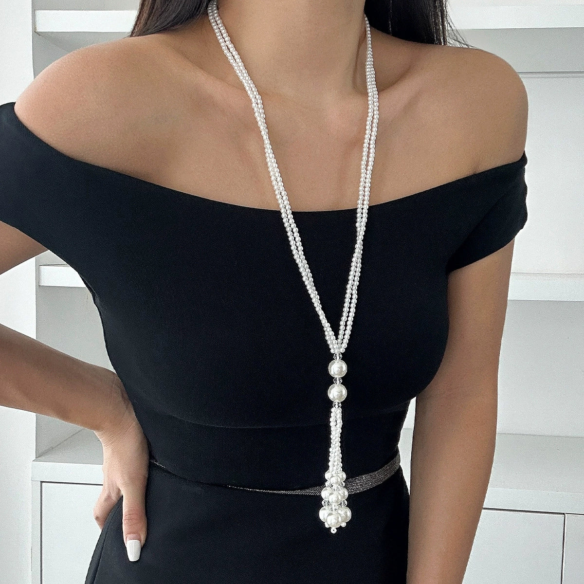 Jewelry Elegant Tassel Imitation Pearl And Imitation Crystal Necklace Geometric Style Electroplated - Image 3