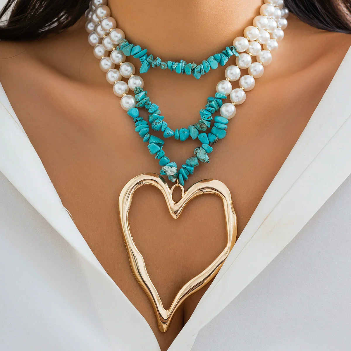 Jewelry Exaggerated Retro Heart Shaped Turquoise Plastic Resin Alloy Beaded Imitation Pearl Ball Chain Electroplated Necklace For Women