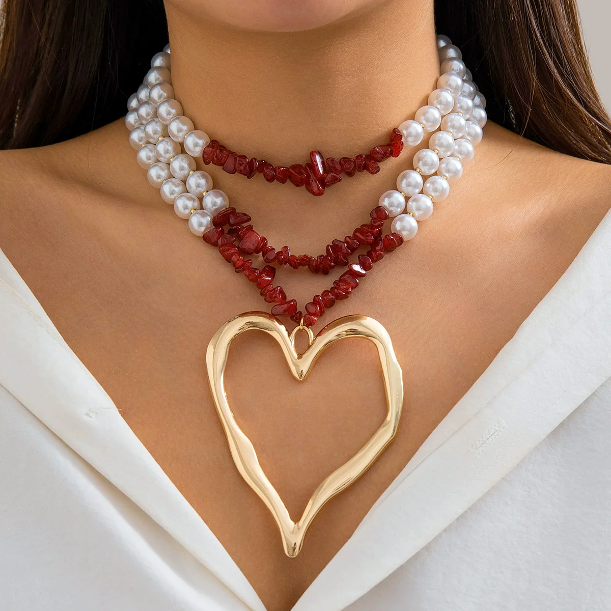 Jewelry Exaggerated Retro Heart Shaped Turquoise Plastic Resin Alloy Beaded Imitation Pearl Ball Chain Electroplated Necklace For Women - Image 3