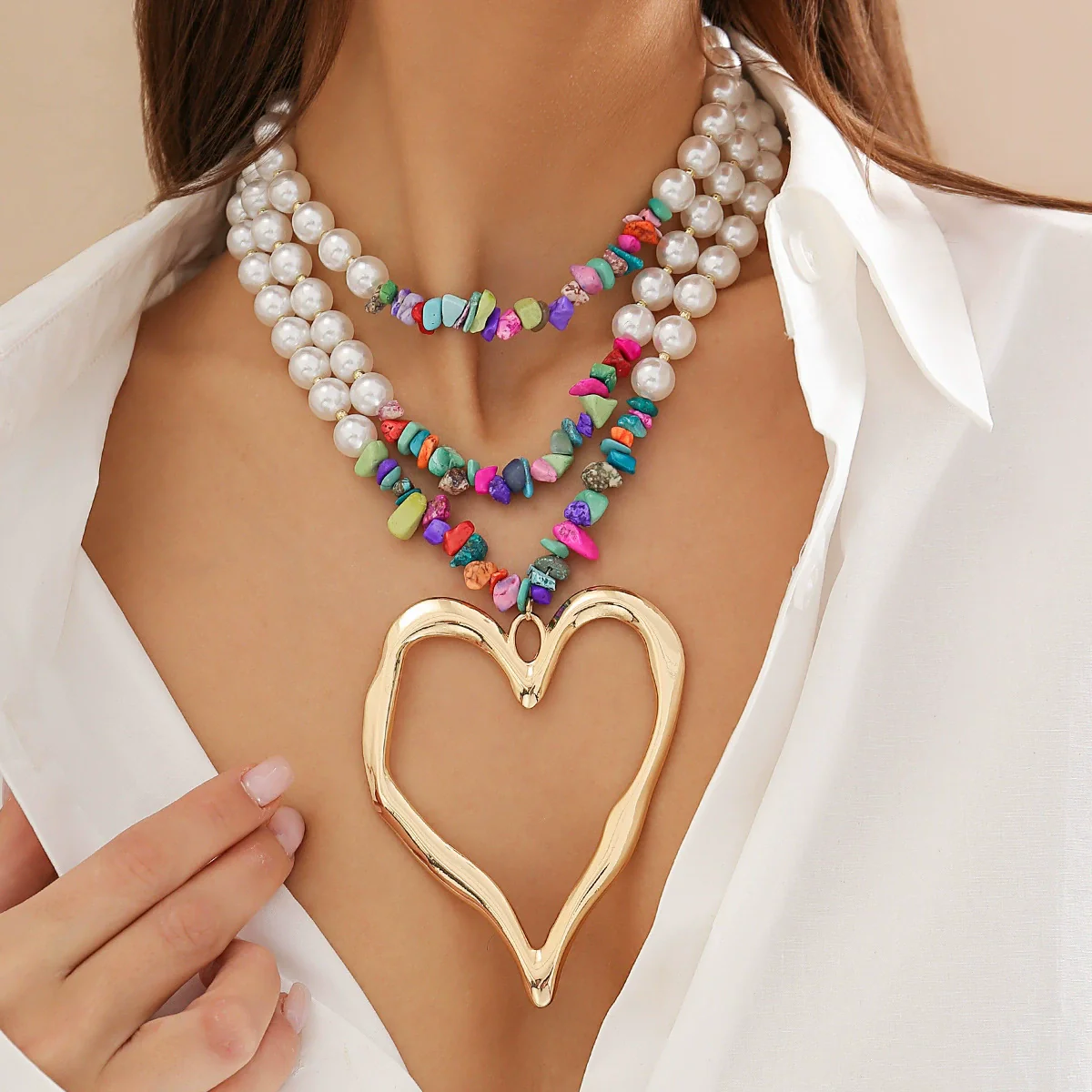 Jewelry Exaggerated Retro Heart Shaped Turquoise Plastic Resin Alloy Beaded Imitation Pearl Ball Chain Electroplated Necklace For Women - Image 8