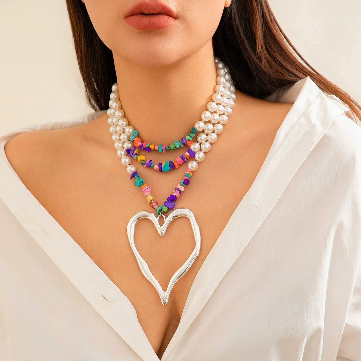 Jewelry Exaggerated Retro Heart Shaped Turquoise Plastic Resin Alloy Beaded Imitation Pearl Ball Chain Electroplated Necklace For Women - Image 9