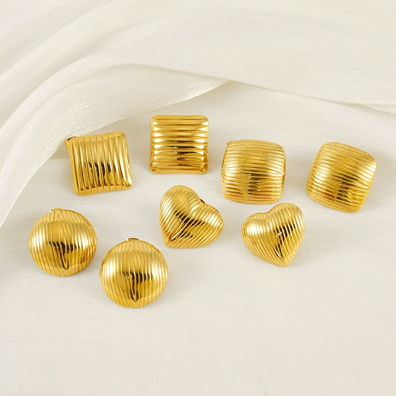 Jewelry Fashion Simple Geometric 316L Stainless Steel Earrings For Women With Electroplating And Wave Pattern - Image 2